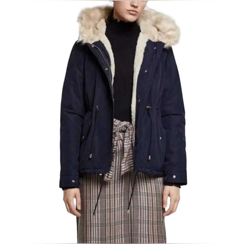 ZARA Trafaluc Jacket Coat Outerwear Faux Fur Trim Hooded Parka Navy Blue Small